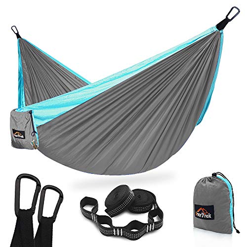 AnorTrek Camping Hammock, Super Lightweight Portable Parachute Hammock with Two Tree Straps (Each 5+1 Loops), Single & Double Nylon Hammock for Camping Backpacking Travel Hiking (Light Grey&Blue)