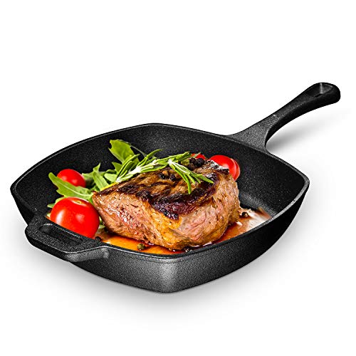 10 Inch Square Cast Iron Grill Pan. Pre-seasoned Grill Pan with Easy Grease Draining for Grilling Bacon, Steak, and Meats, Stove, Fire and Oven Safe For Camping and Barbecue.