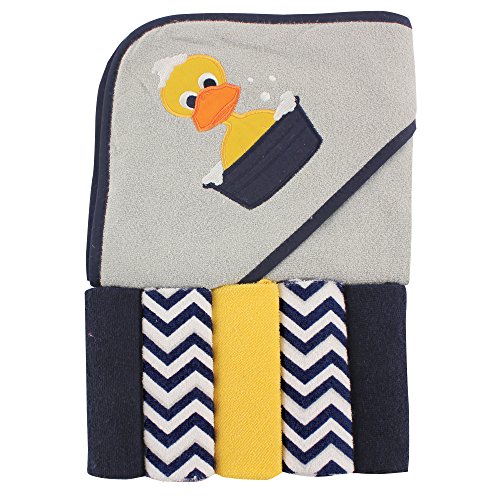 Luvable Friends Unisex Baby Hooded Towel with Five Washcloths, Duck, One Size