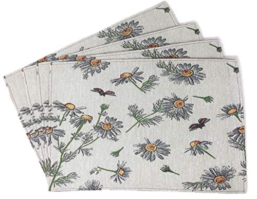 Tache Floral Yellow Daisies Ladybugs Ivory Woven Placemat - Vintage Tapestry Place Mat - Set of 4 Pieces