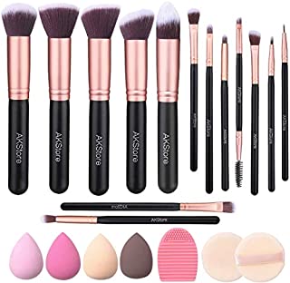 Akstore Makeup Brushes 14 Pcs Makeup Brush Set Travel makeup brush set with 4 Makeup Sponge Blender 2 Makeup Foundation Sponge Air Cushion Powder Puff 1 silicone brush cleaner (Rose Gold)