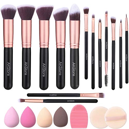 Akstore Makeup Brushes 14 Pcs Makeup Brush Set Travel makeup brush set with 4 Makeup Sponge Blender 2 Makeup Foundation Sponge Air Cushion Powder Puff 1 silicone brush cleaner (Rose Gold)