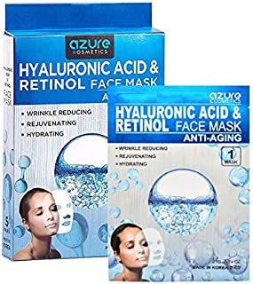 AZURE Hyaluronic Acid & Retinol Anti Aging Sheet Face Mask - Hydrating, Toning & Rejuvenating | Helps Reduce Fine Lines & Wrinkles | Smooths & Repairs Elasticity | Made in Korea - 5 Pack