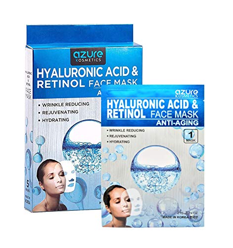 AZURE Hyaluronic Acid & Retinol Anti Aging Sheet Face Mask - Hydrating, Toning & Rejuvenating | Helps Reduce Fine Lines & Wrinkles | Smooths & Repairs Elasticity | Made in Korea - 5 Pack