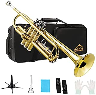 EASTROCK Bb Trumpet Gold Brass Standard Instrument with Carrying Case,Trumpet Stand,Gloves, 7C Mouthpiece for Student Beginner