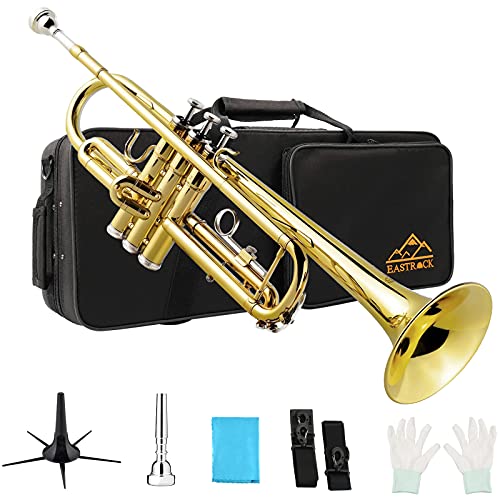 EASTROCK Bb Trumpet Gold Brass Standard Instrument with Carrying Case,Trumpet Stand,Gloves, 7C Mouthpiece for Student Beginner