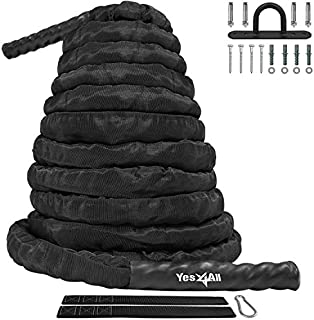 Yes4All Battle Exercise Training Rope with Protective Cover  Steel Anchor & Strap Included Black, 1.5in - 50ft