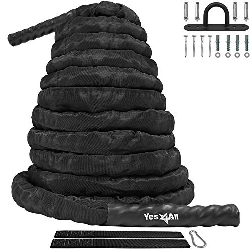 Yes4All Battle Exercise Training Rope with Protective Cover  Steel Anchor & Strap Included Black, 1.5in - 50ft