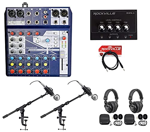 Soundcraft Notepad-8FX Podcast Mixer Bundle with Rockville RCM03 Pro Recording Mic, PRO-M50 Headphones, DMS40 40