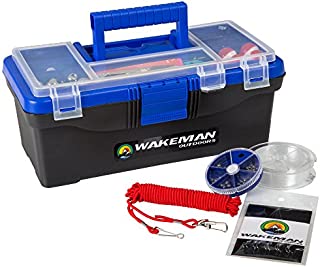 Fishing Single Tray Tackle Box- 55 Piece Tackle Gear Kit Includes Sinkers, Hooks Lures Bobbers Swivels and Fishing Line By Wakeman Outdoors Blue