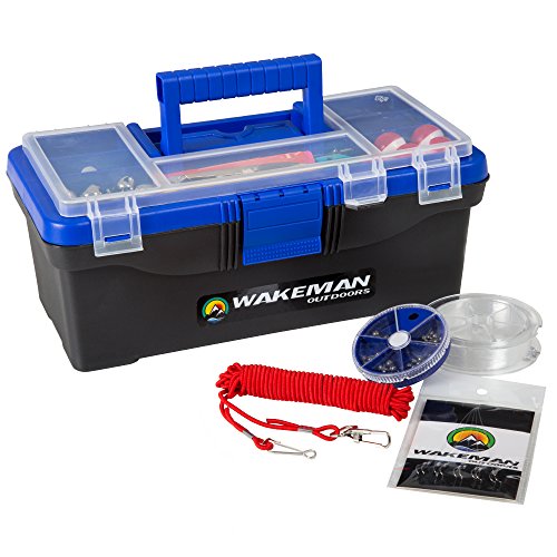 Fishing Single Tray Tackle Box- 55 Piece Tackle Gear Kit Includes Sinkers, Hooks Lures Bobbers Swivels and Fishing Line By Wakeman Outdoors Blue