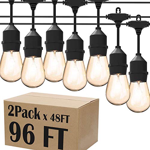 Magictec LED Shatterproof String Lights Commercial Grade with 15 Hanging Sockets 48 Ft Black Outdoor Weatherproof Cord Strand for Patio Garden Porch Backyard Bistro Gazebo Party Deck Yard, 2 Pack