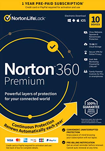 Norton 360 Premium 2021  Antivirus Software for 10 Devices with Auto Renewal - Includes VPN, PC Cloud Backup & Dark Web Monitoring Powered by LifeLock [Key card]