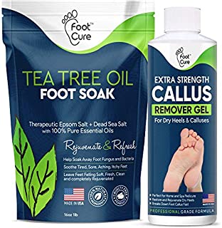 Foot Cure Callus Remover Gel Kit With Tea tree Oil Foot Soak- Made In USA, Remove Calluses On Feet, Professional Foot Scrubber For Dead Skin, Exfoliating Treatment, Baby Soft Feet, Repair Cracked Heels.