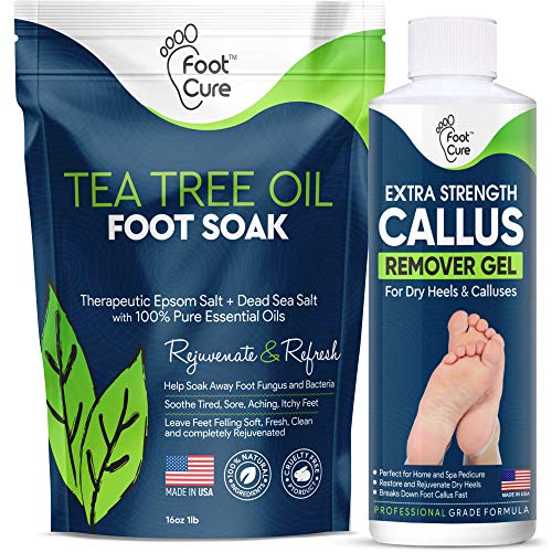 Foot Cure Callus Remover Gel Kit With Tea tree Oil Foot Soak- Made In USA, Remove Calluses On Feet, Professional Foot Scrubber For Dead Skin, Exfoliating Treatment, Baby Soft Feet, Repair Cracked Heels.