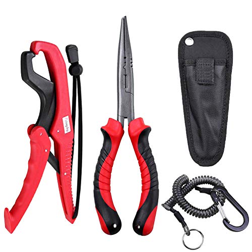 TQONEP Fishing Pliers Long Nose G1 & Floating Fish Gripper, Needle Nose Pliers - Split Ring Pliers, Hook Remover, Crimper, Fishing Line Cutter,Suitable for Freshwater and Saltwater Kayaking Fishing