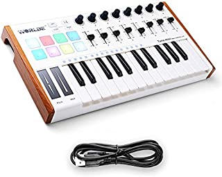 Worlde 25 Key USB Portable Tuna Mini MIDI Keyboard MIDI Controller with 8 Knobs, 8 Drum Pads, 8 Faders, Wood Imitation Rim, Pedal Interface, for Mac and PC