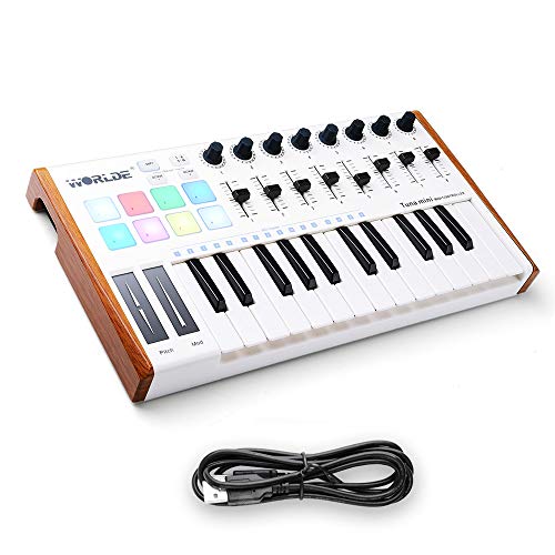 Worlde 25 Key USB Portable Tuna Mini MIDI Keyboard MIDI Controller with 8 Knobs, 8 Drum Pads, 8 Faders, Wood Imitation Rim, Pedal Interface, for Mac and PC