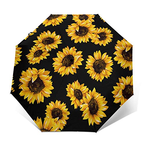 Compact Travel Folding Umbrella Sun Rain Windproof Kids Womens Mens Chic Shabby Sunflower Floral On Black