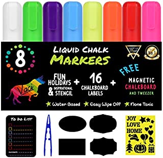 Chalk Markers by Vaci, Pack of 8 + Magnetic Chalkboard + Drawing Stencils + 16 Labels, Premium Liquid Chalkboard Neon Pens, Bullet or Chisel Reversible Tips