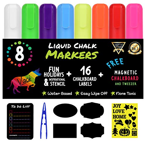 Chalk Markers by Vaci, Pack of 8 + Magnetic Chalkboard + Drawing Stencils + 16 Labels, Premium Liquid Chalkboard Neon Pens, Bullet or Chisel Reversible Tips