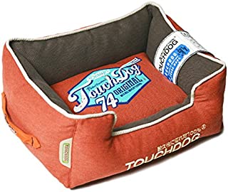 TOUCHDOG'Sporty Vintage' Original Throwback Reversible Plush Rectangular Pet Dog Bed, Large, Brown, Orange