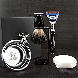 Haryali London 5 Pc Mens Shaving Kit 5 Edge Razor With Black Badger Hair Shaving Brush, Stand, Soap and Stainless Steel Bowl Perfect Set For Men