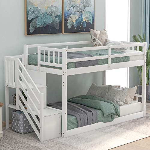 SOFTSEA Bunk Bed with Stairs and Storage Shelves, Wood Floor Bunk Beds Twin Over Twin for Kids and Teens, No Box Spring Required (White)