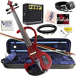 Kennedy Violins Electric Violin Bunnel Edge Outfit 4/4 Full Size (RED)- Electric Amp, Carrying Case and Accessories Included - Headphone Jack - Highest Quality with Piezo ceramic pick-up