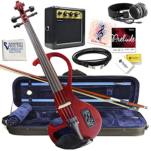 Kennedy Violins Electric Violin Bunnel Edge Outfit 4/4 Full Size (RED)- Electric Amp, Carrying Case and Accessories Included - Headphone Jack - Highest Quality with Piezo ceramic pick-up