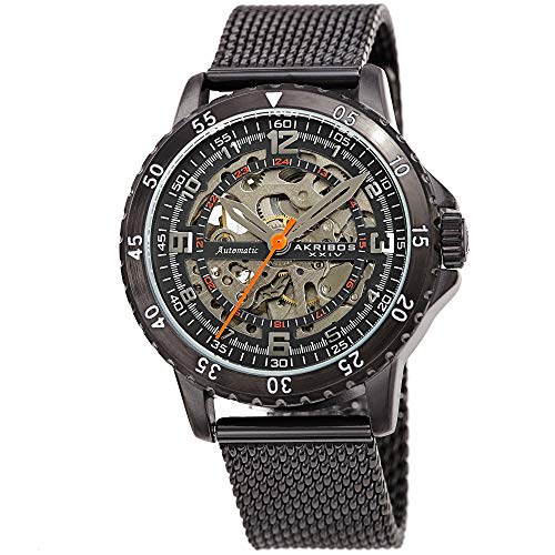 Akribos Automatic Skeleton Mechanical Men's Watch - Luxury Professional Mesh Bracelet See Through Dial - IP Case with A Skeletonized Dial - AK1098 (Gunmetal)