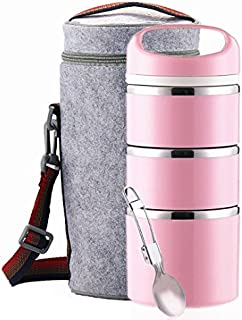 Lille Home Stackable Stainless Steel Thermal Compartment Lunch/Snack Box, 3-Tier Insulated Bento/Food Container with Lunch Bag & Foldable Spoon, Smart Diet, Weight Control, 43 OZ, Pink