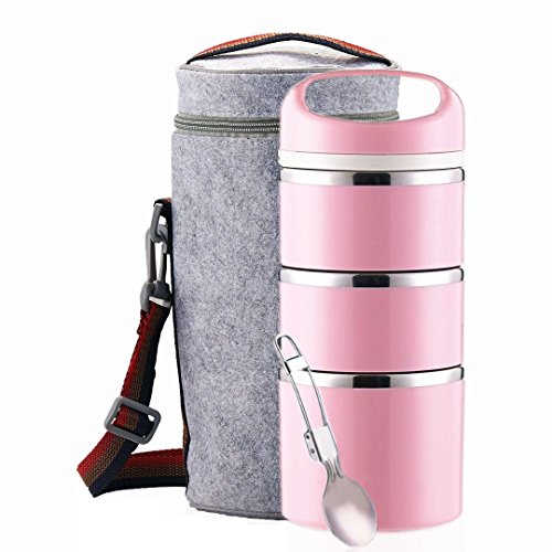 Lille Home Stackable Stainless Steel Thermal Compartment Lunch/Snack Box, 3-Tier Insulated Bento/Food Container with Lunch Bag & Foldable Spoon, Smart Diet, Weight Control, 43 OZ, Pink