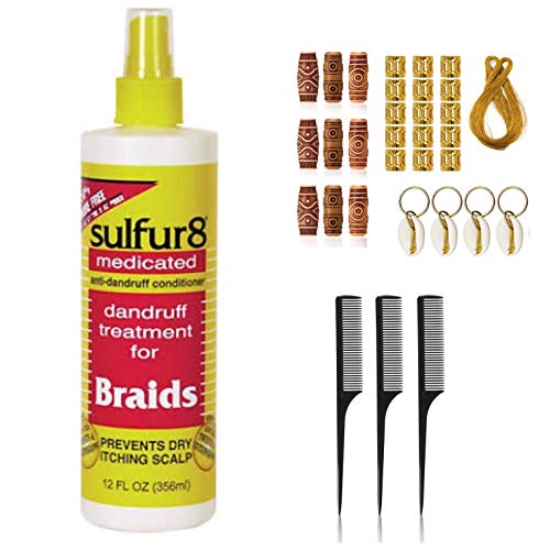 Sulfur 8 Braid Spray 12oz (Including 3 pc Rat Bone Tail Comb Set & 25 Piece Hair Accessories Jewelry Dreadlocks Beads Hair Braiding Rings Pendant Charms) Sulfur 8 Anti-Dandruff Hair Accessory Kit