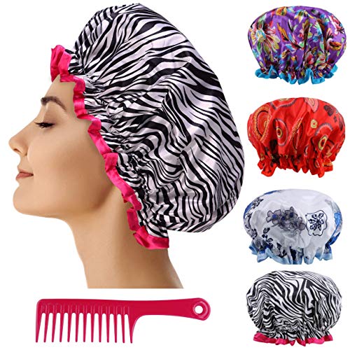 Reusable Shower Cap Women Hair - (Pack of 4) Lined Plastic Showercap Waterproof Bath Hat Hair Cover Caps Bundled with 1 Detangling Comb Perfect for all Hair Lengths and Thicknesses