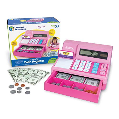 Learning Resources Pretend & Play Calculator Cash Register, Classic Counting Toy, 73 Pieces, Ages 3+, Easter Gifts for Kids, Pink