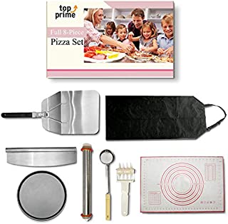 Pizza Making Kit (8 Pc Set) with Outdoor Supplies Metal Peel, Pan, Cutter Rocker, Adjustable Roller Pin, Dough Docker, Spoodle, Apron & Silicone Dough Mat  DIY Homemade Pizza Oven Accessories & Tools