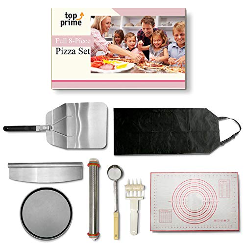 Pizza Making Kit (8 Pc Set) with Outdoor Supplies Metal Peel, Pan, Cutter Rocker, Adjustable Roller Pin, Dough Docker, Spoodle, Apron & Silicone Dough Mat  DIY Homemade Pizza Oven Accessories & Tools