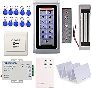 Waterproof Metal RFID Keypad Door Entry Systems & 350lbs Electric Magnetic Lock+110V Power Supply+Push to Exit Button+RFID Keychains/Cards