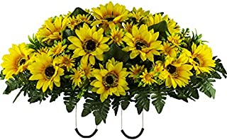 Sympathy Silks Artificial Cemetery Flowers  Realistic Vibrant Sunflowers Outdoor Grave Decorations - Non-Bleed Colors, and Easy Fit - Yellow Sunflower Saddle