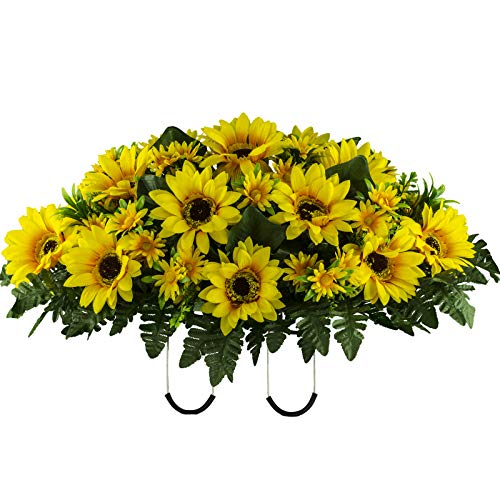 Sympathy Silks Artificial Cemetery Flowers  Realistic Vibrant Sunflowers Outdoor Grave Decorations - Non-Bleed Colors, and Easy Fit - Yellow Sunflower Saddle