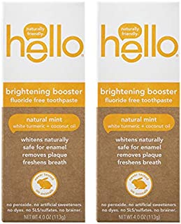 Hello Oral Care White Turmeric + Coconut Oil brightener Booster Fluoride Free Toothpaste 4.0 Ounces, 2 Count