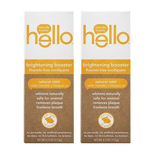 Hello Oral Care White Turmeric + Coconut Oil brightener Booster Fluoride Free Toothpaste 4.0 Ounces, 2 Count