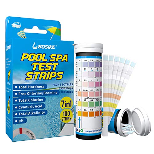 BOSIKE 7 in 1 Pool and Hot Tub Test Strips 2 Bottles,Testing Kit for Spa Salt Water Swimming Pool Water Inground Pool, Cyanuric Acid,Free Chlorine/Bromine,Total Chlorine Water Hardness, Alkalinity,pH