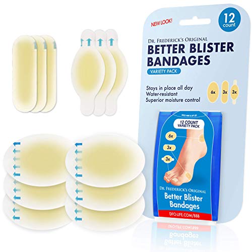Dr. Frederick's Original Better Blister Bandages - 12 ct Variety - Waterproof Hydrocolloid Bandages for Foot, Toe, Heel Blister Prevention & Recovery - Blister Pads