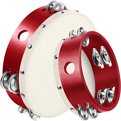 2 Pieces (6 Inch and 8 Inch) Wood Handheld Tambourine Double Row, Tambourines with Jingle Bells(Red)