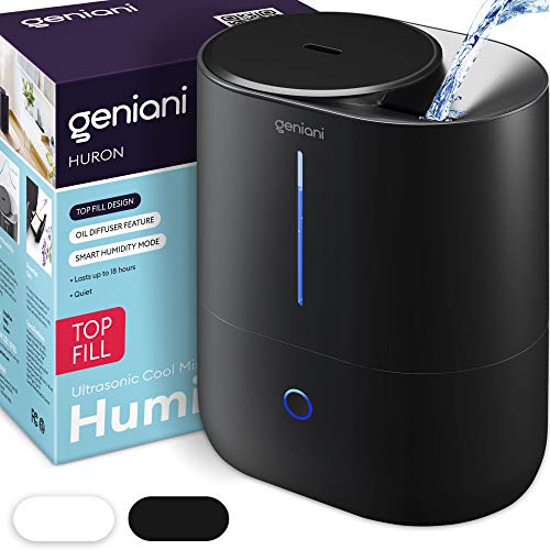 GENIANI Top Fill Cool Mist Humidifiers for Bedroom & Essential Oil Diffuser - Smart Aroma Ultrasonic Humidifier for Home, Baby, Large Room with Auto Shut Off (Black, 4L)