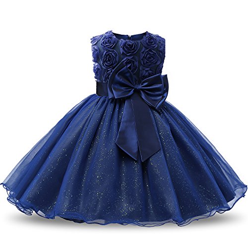 NNJXD Girl Sleeveless Lace 3D Flower Tutu Holiday Princess Dresses Size (120) 3-4 Years Deep Blue