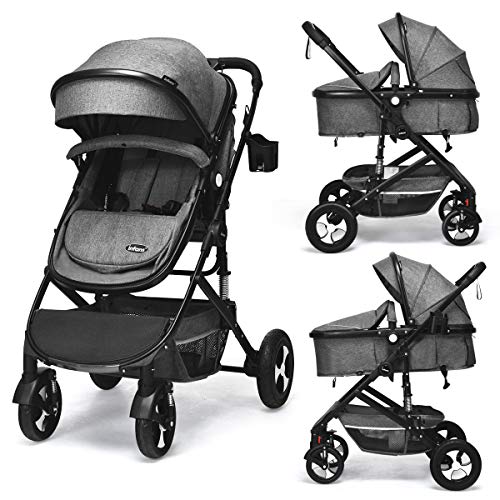 INFANS Baby Stroller for Newborn, 2 in 1 High Landscape Convertible Reversible Bassinet Pram for Infant & Toddler, Foldable Aluminum Alloy Pushchair with Adjustable Backrest, 3D Suspension (Grey)