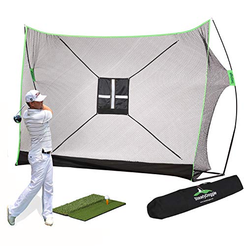 Golf Practice Net Bundle 4pc - Consists of Professional Patent Pending Golf Net, Dual-Turf Golf Mat, Chipping Target & Carry Bag - The Right Choice of Golf Nets for Backyard Driving & Golf Hitting Net